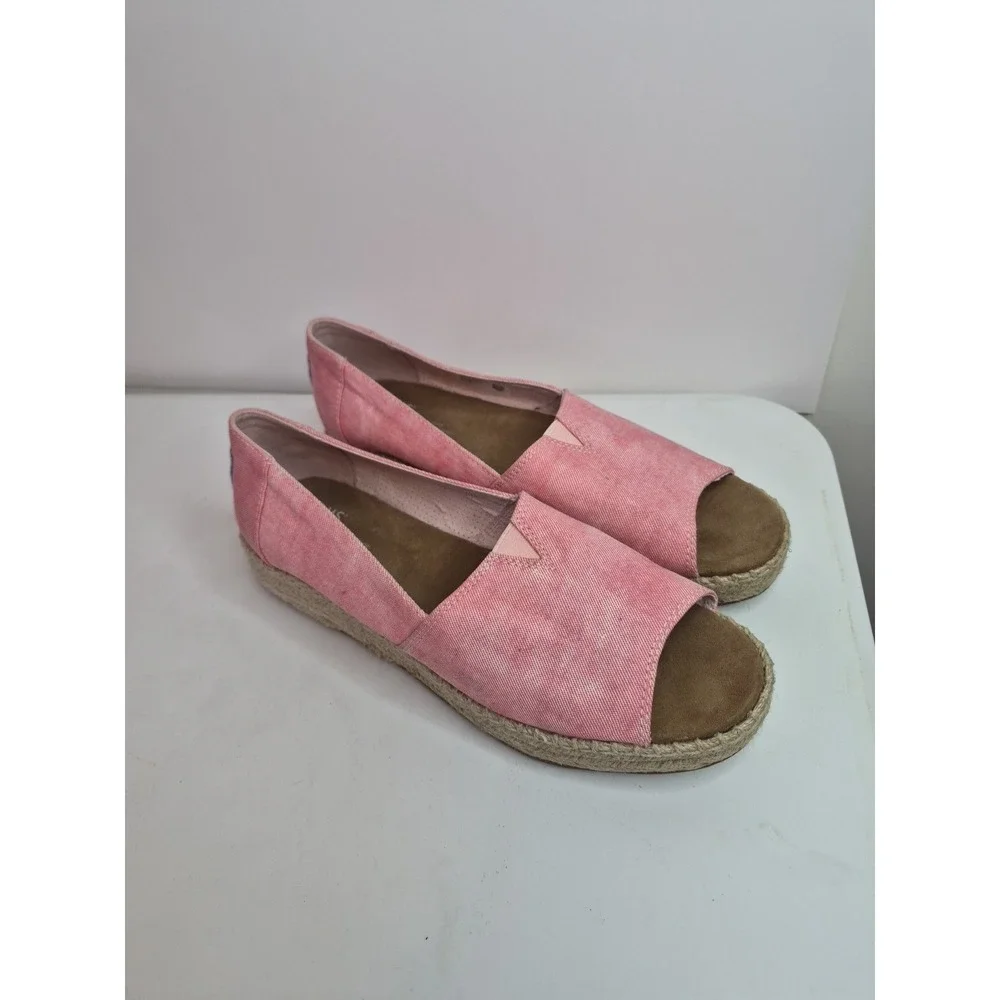 TOMS PINK / RED Chambray Espadrilles Low Wedge Peep Toe Slip On Shoes Sz 10